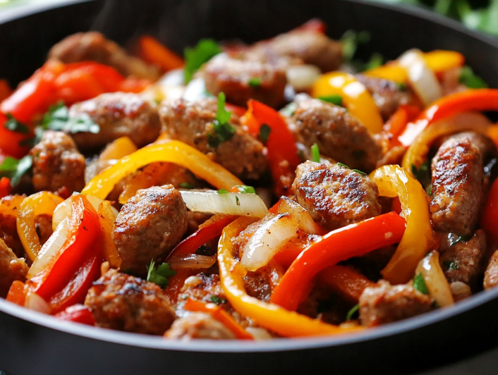 A hearty skillet of ground sausage dinner recipes featuring browned sausage and vegetables.