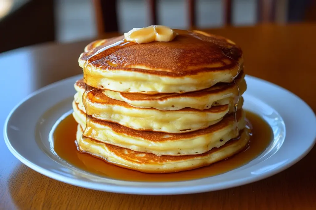 Stack the fluffy pancake recipe on a plate with syrup.