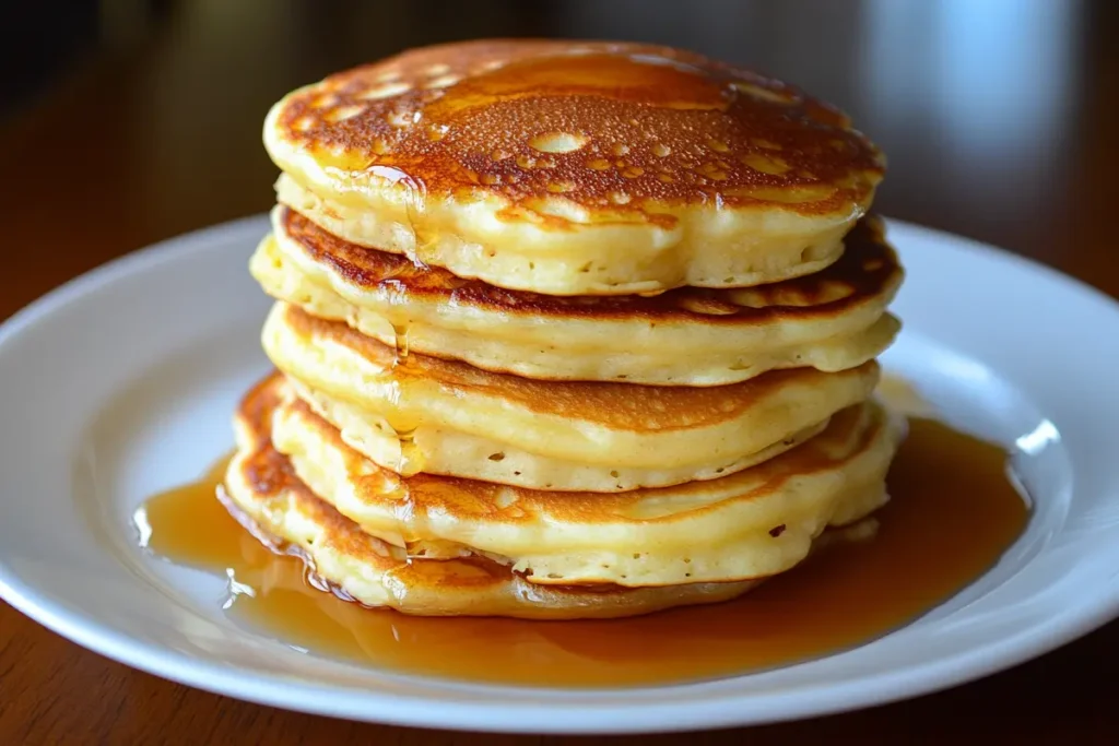 Stack the fluffy pancake recipe on a plate with syrup.