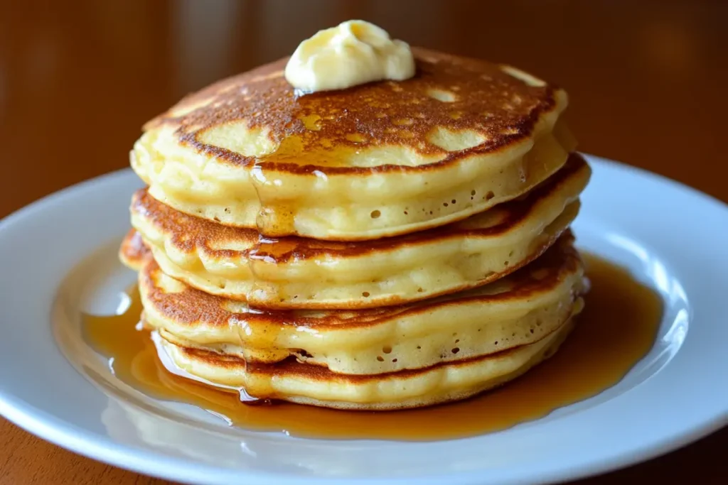 Stack of fluffy pancake recipe on a plate with syrup.