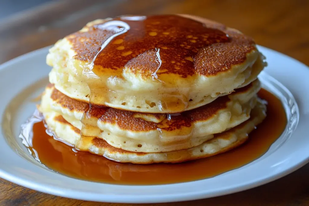 Stack the fluffy pancake recipe on a plate with syrup.