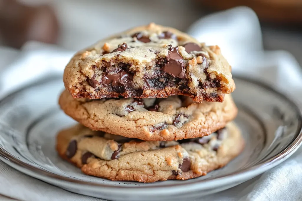 A batch of thick chocolate chip cookies cooling on a wire rack.