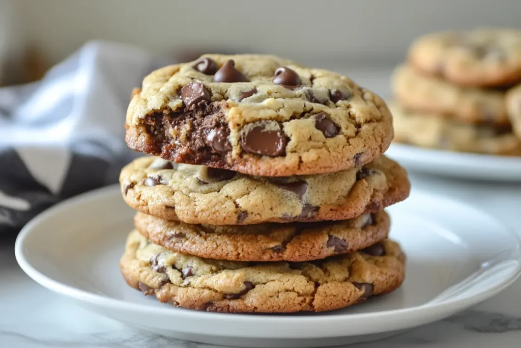 A batch of thick chocolate chip cookies cooling on a wire rack.