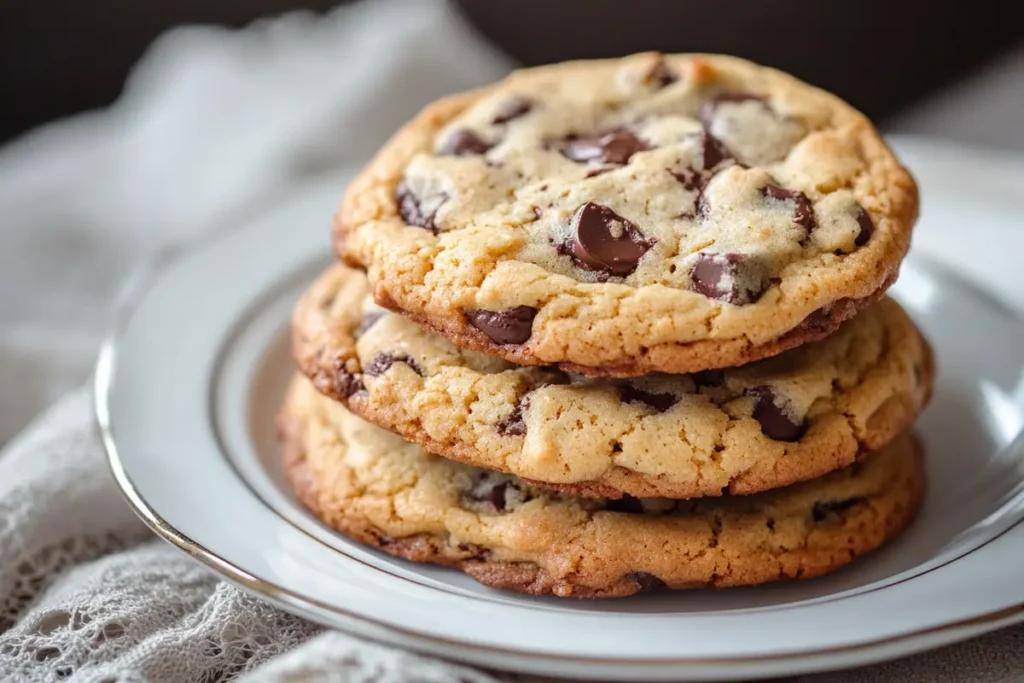 A batch of thick chocolate chip cookies cooling on a wire rack.