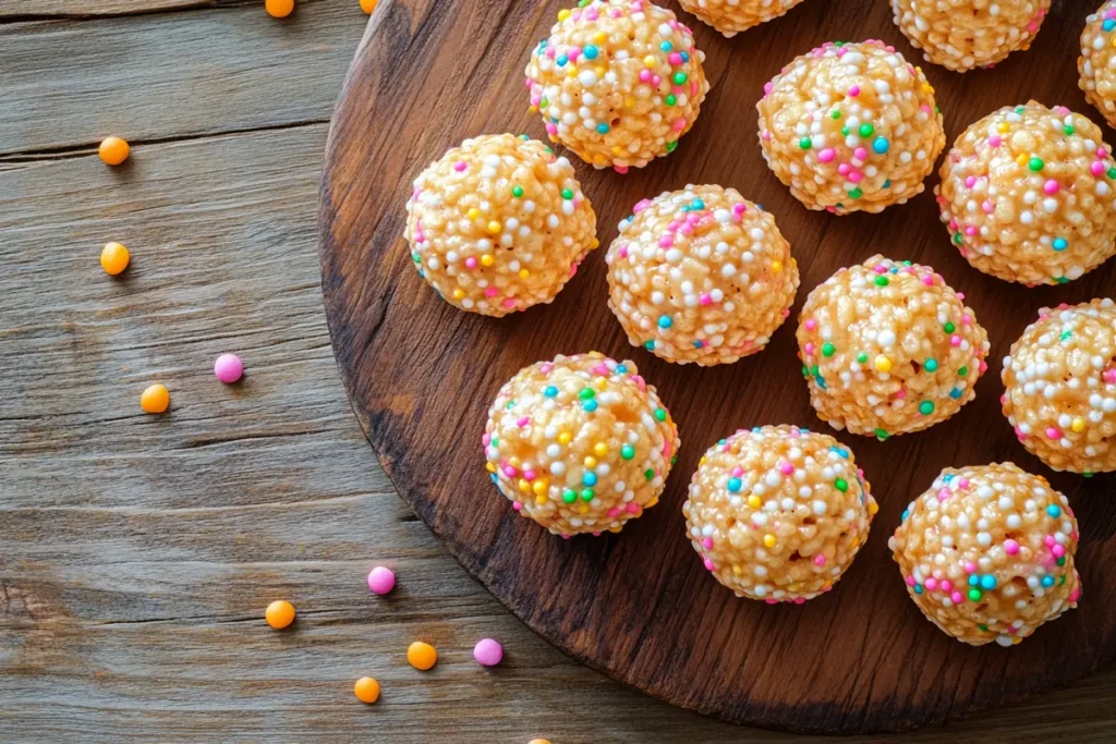 Caramel marshmallow rice krispie balls on a plate