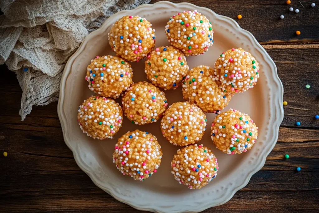 Caramel marshmallow rice krispie balls on a plate