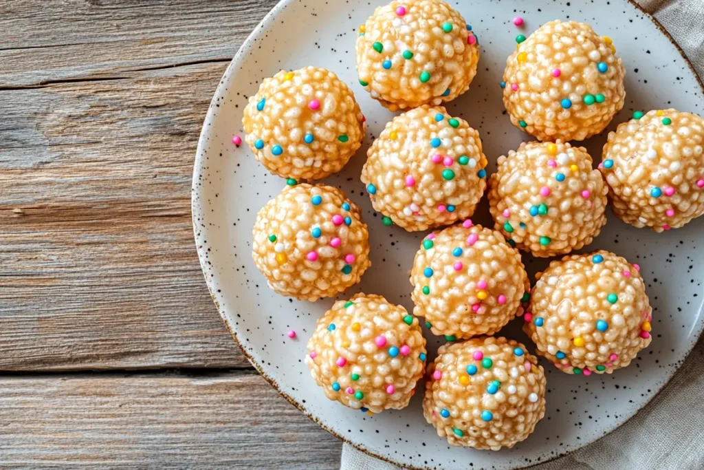 Caramel marshmallow rice krispie balls on a plate