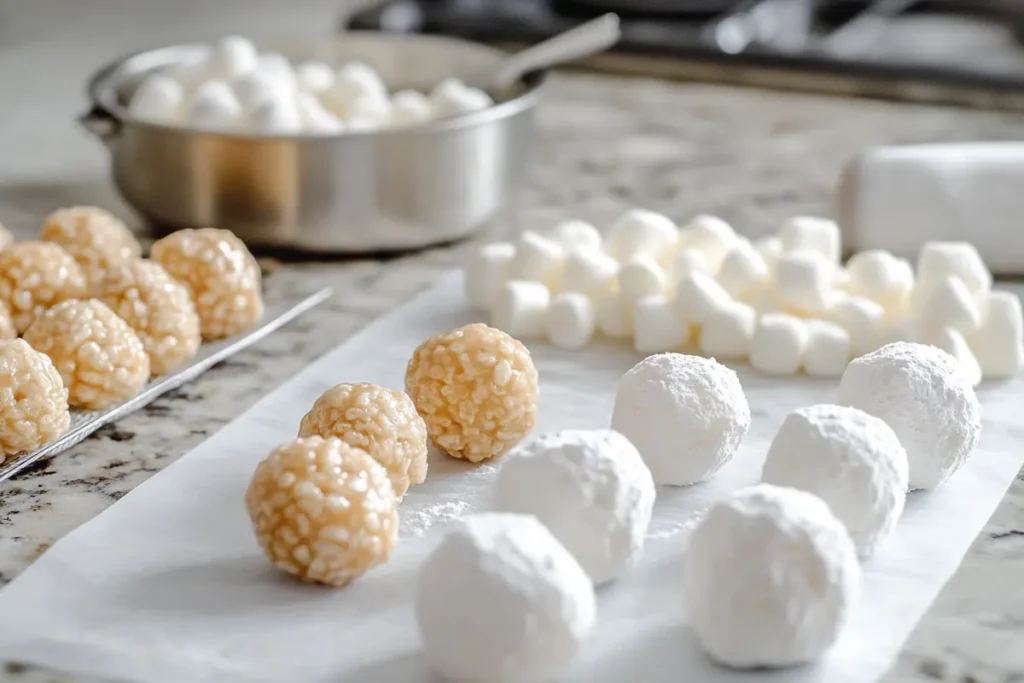 Caramel marshmallow rice krispie balls on a plate