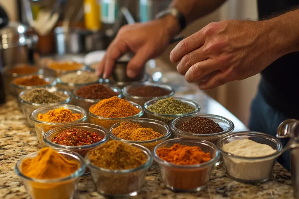 Homemade taco seasoning recipe in a bowl with spices