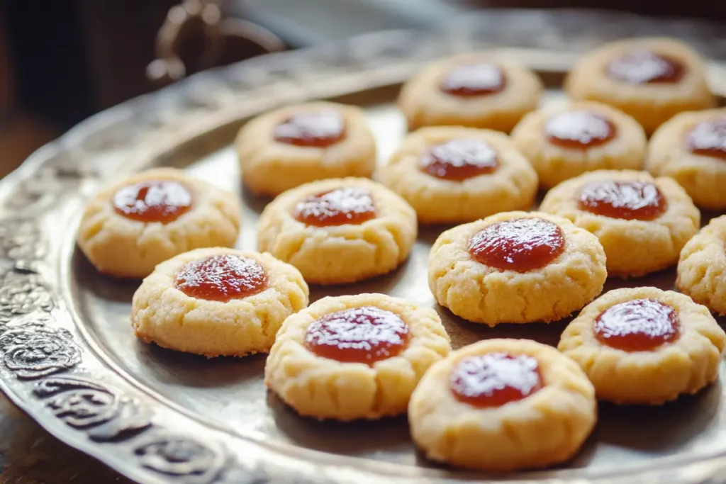 Delicious thumbprint cookies filled with jam on a plate.