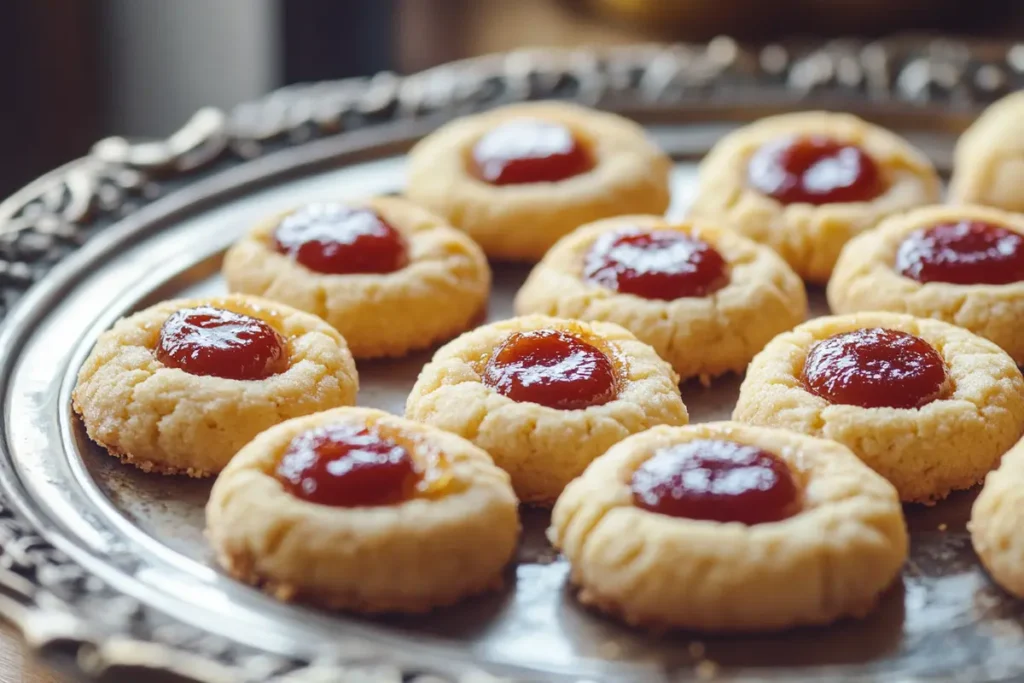 Delicious thumbprint cookies filled with jam on a plate.