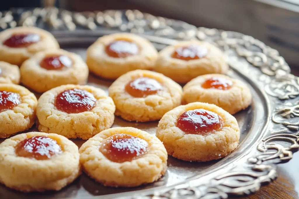 Delicious thumbprint cookies filled with jam on a plate.