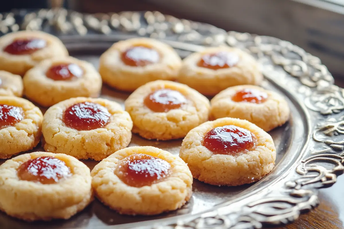 Delicious thumbprint cookies filled with jam on a plate.