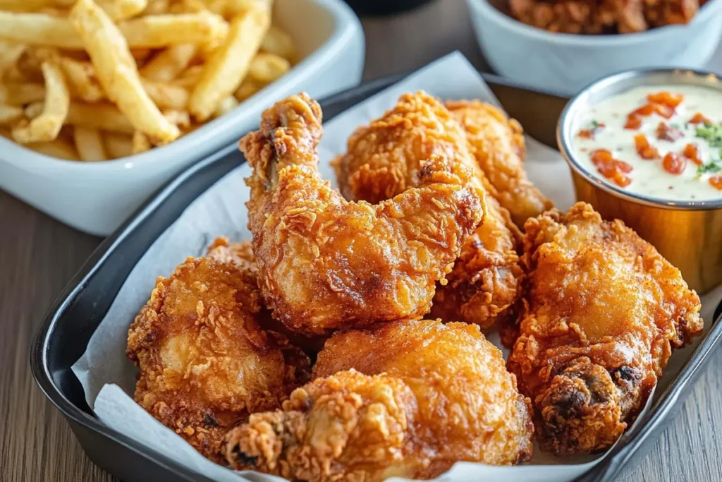 Crispy fried chicken pieces on a platter