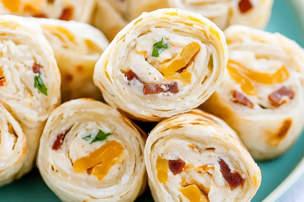 Chicken bacon ranch pinwheels on a platter