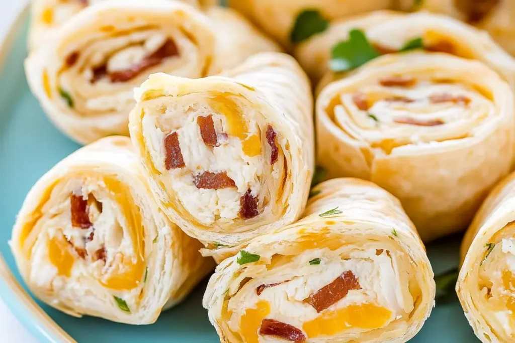 Chicken bacon ranch pinwheels on a platter