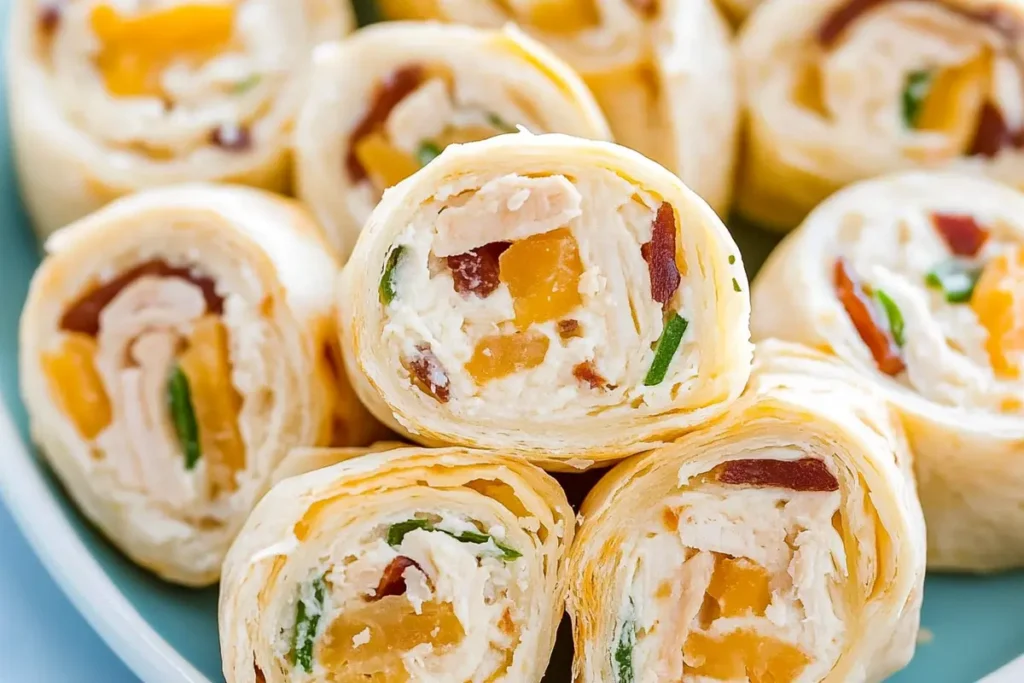 Chicken bacon ranch pinwheels on a platter