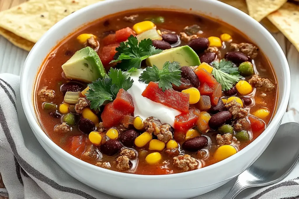 Bowl of taco soup frios with toppings