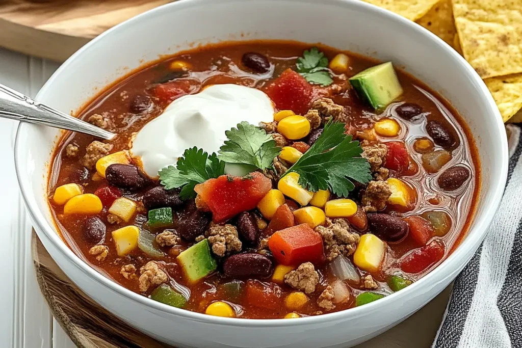 Bowl of taco soup frios with toppings