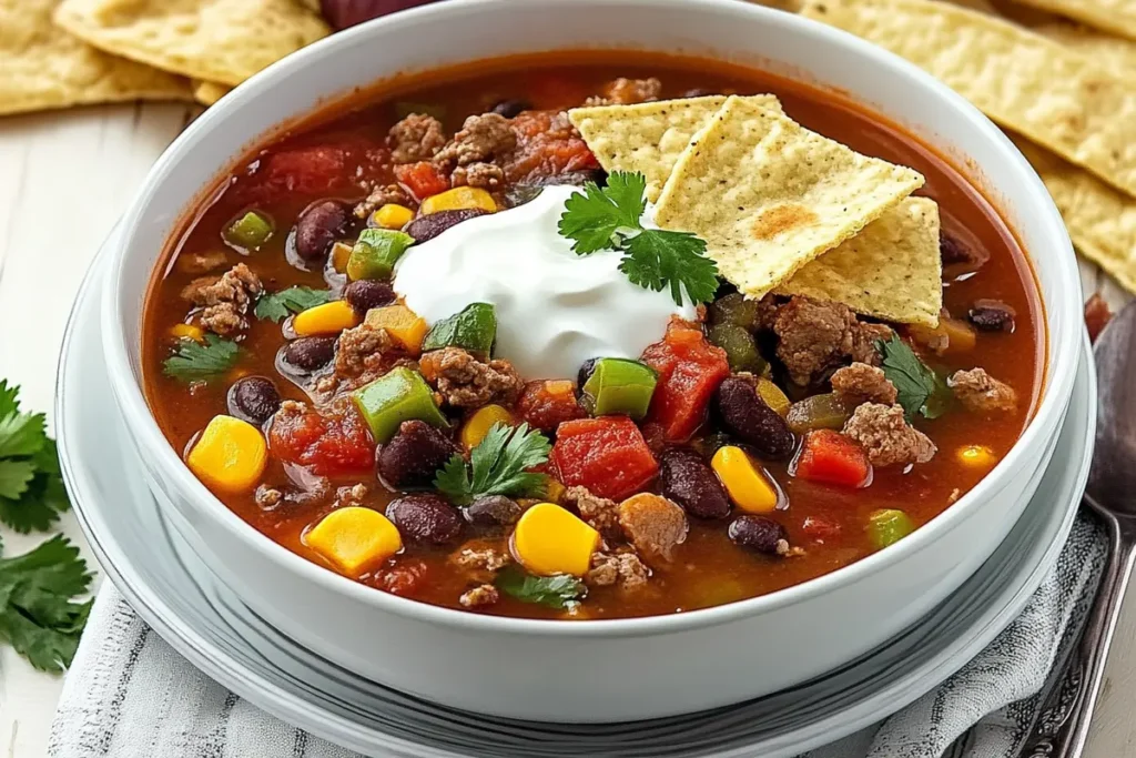 Bowl of taco soup frios with toppings