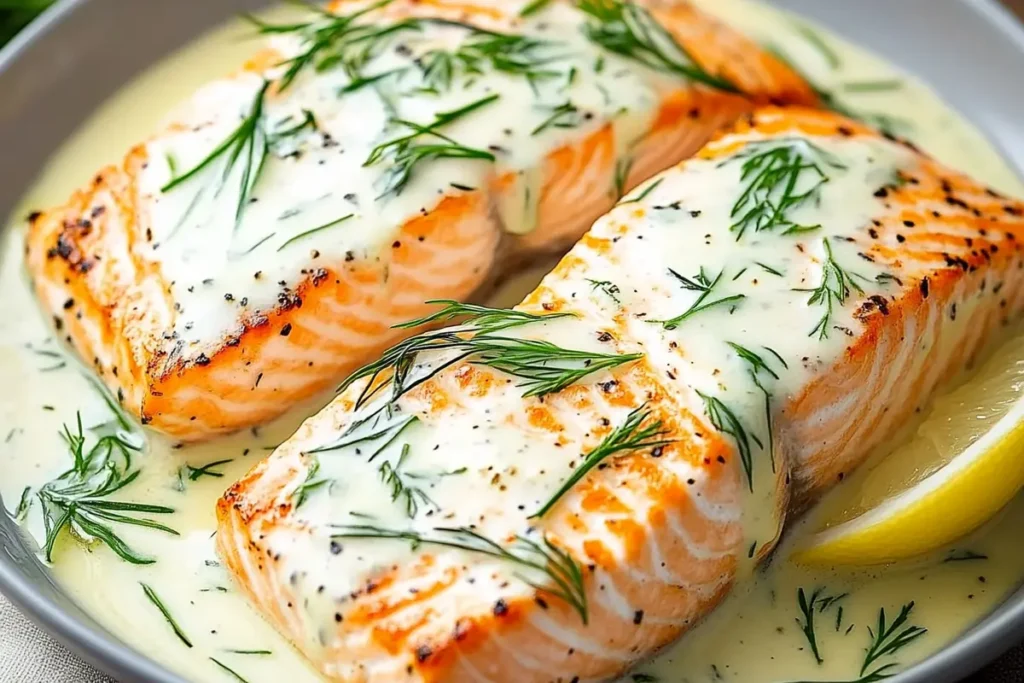 Delicious grilled salmon with lemon-dill sauce on a plate.