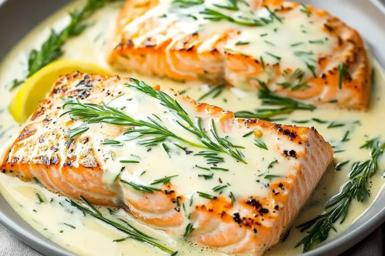 Delicious grilled salmon with lemon-dill sauce on a plate.