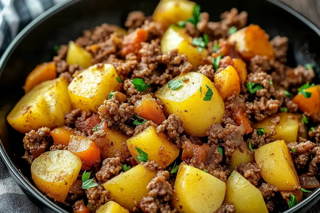 Ground beef recipes prepared in a skillet