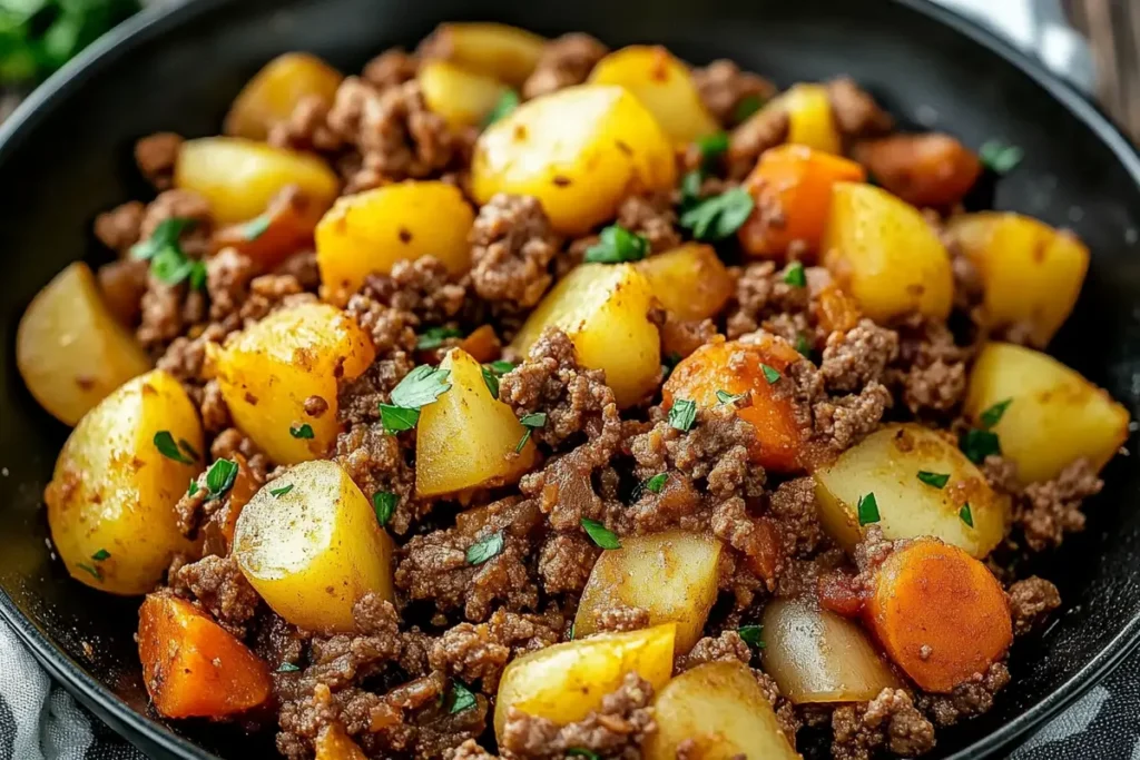 Ground beef recipes prepared in a skillet