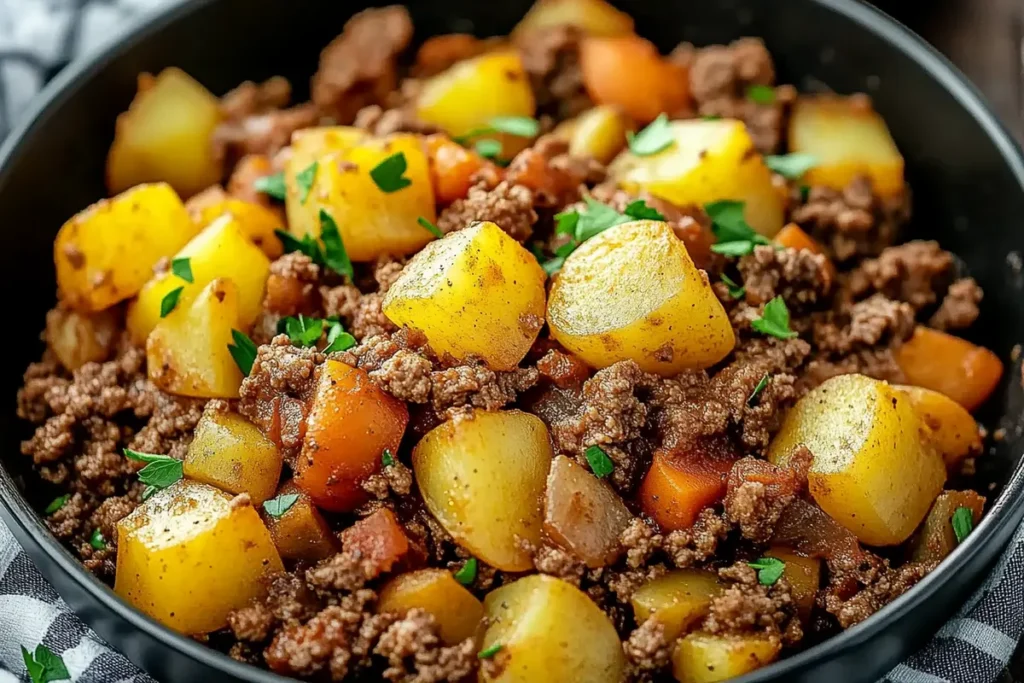 Ground beef recipes prepared in a skillet