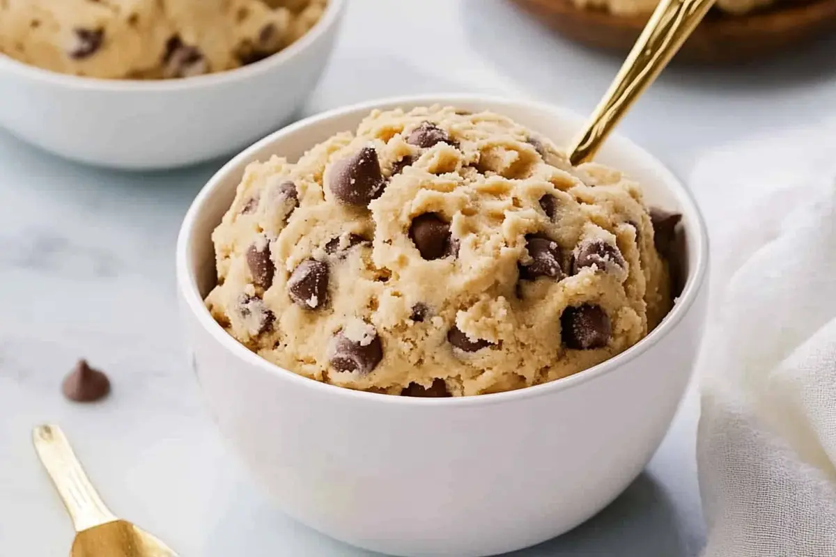 A bowl of delicious edible cookie dough recipe with chocolate chips.