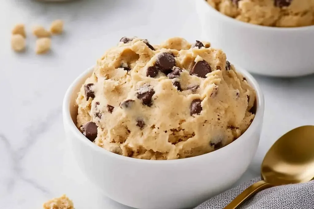 A bowl of delicious edible cookie dough recipe with chocolate chips.