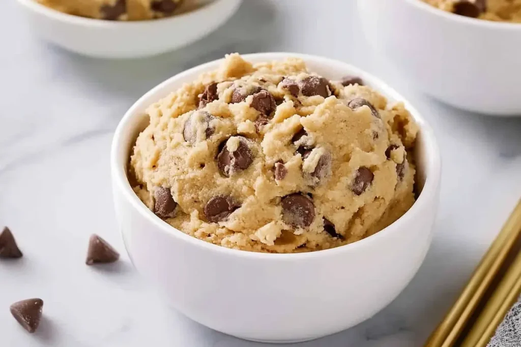 A bowl of delicious edible cookie dough recipe with chocolate chips.