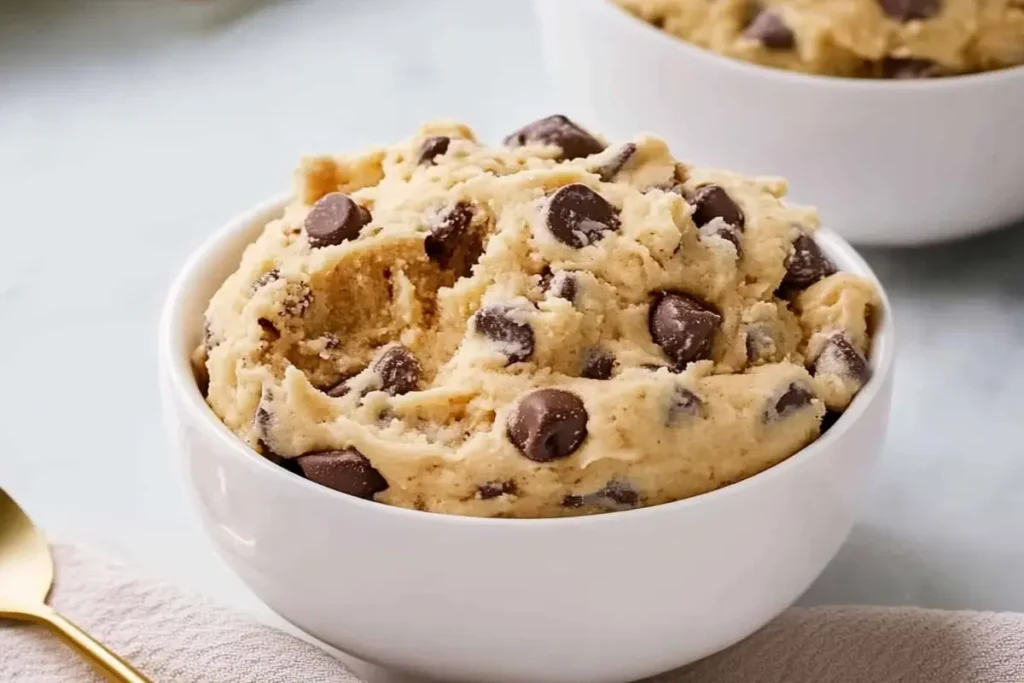 A bowl of delicious edible cookie dough recipe with chocolate chips.