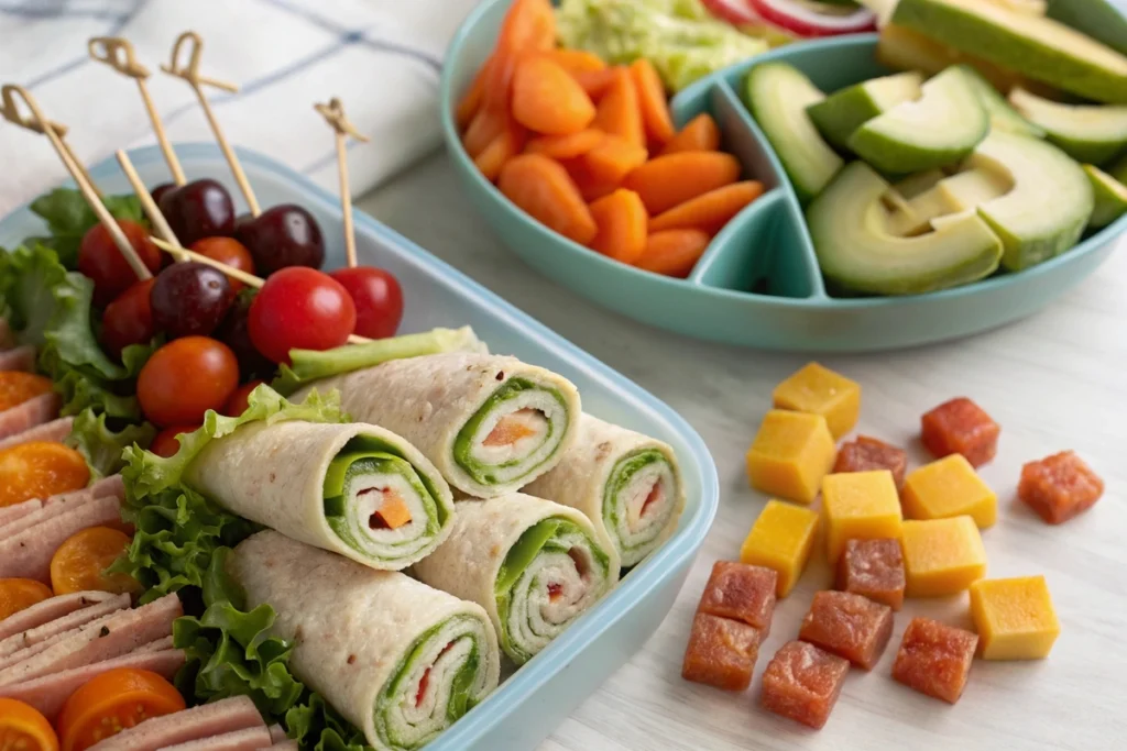 Delicious cold lunch ideas for kids with skewers, wraps, and salad.