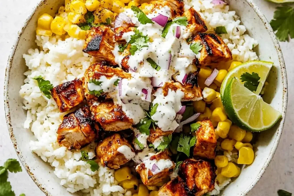 Street Corn Chicken Rice Bowl with fresh cilantro and cotija cheese