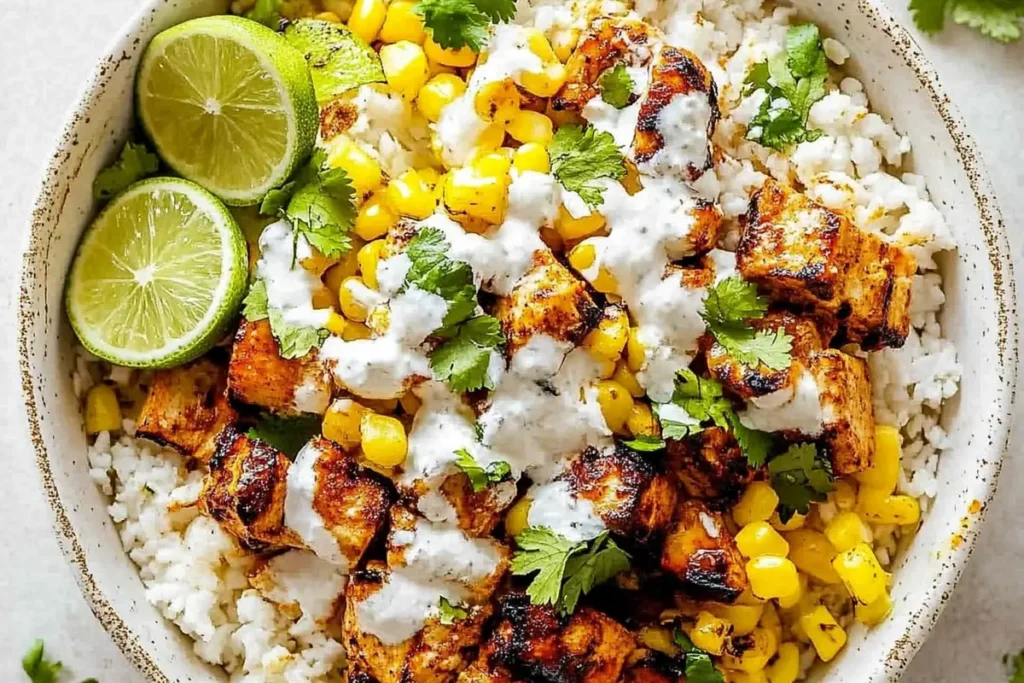 Street Corn Chicken Rice Bowl with fresh cilantro and cotija cheese