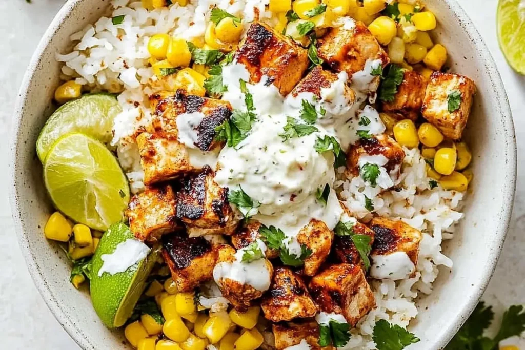 Street Corn Chicken Rice Bowl with fresh cilantro and cotija cheese