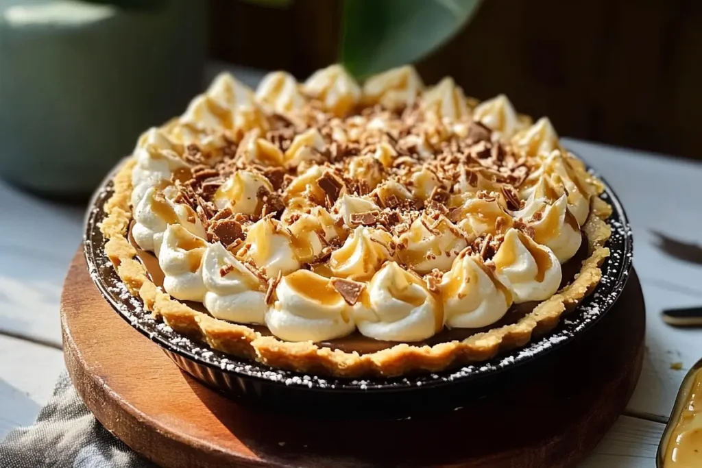 Delicious toffee banoffee pie on a plate.