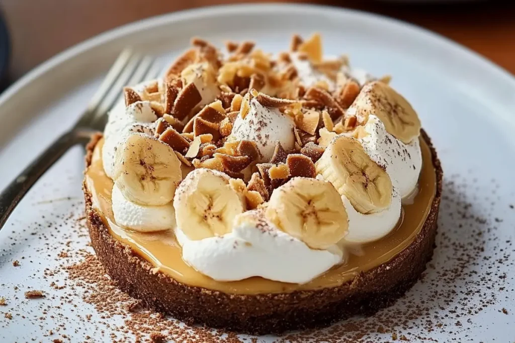 Delicious toffee banoffee pie on a plate.