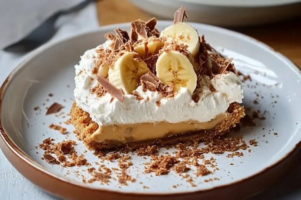 Delicious toffee banoffee pie on a plate.