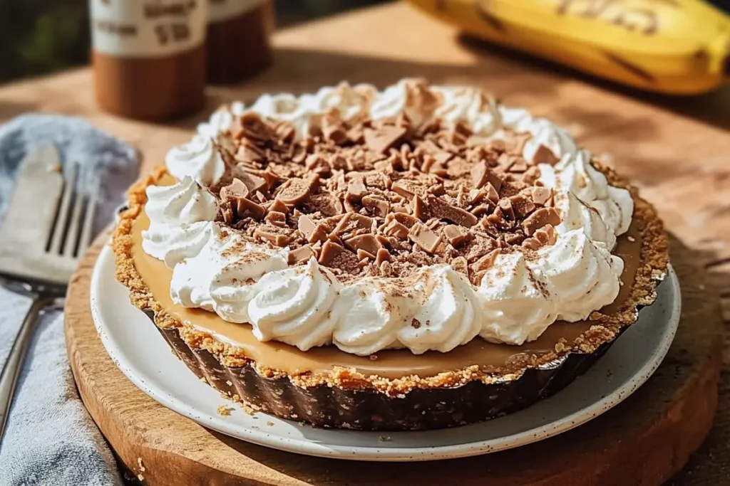 Delicious toffee banoffee pie on a plate.