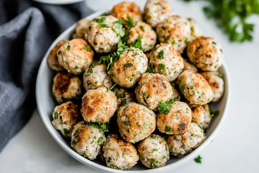 A close-up view of delicious turkey meatball recipe in a vibrant tomato sauce.