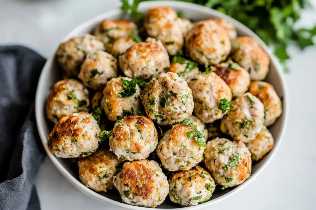 A hearty bowl of turkey meatballs with rice and green vegetables.