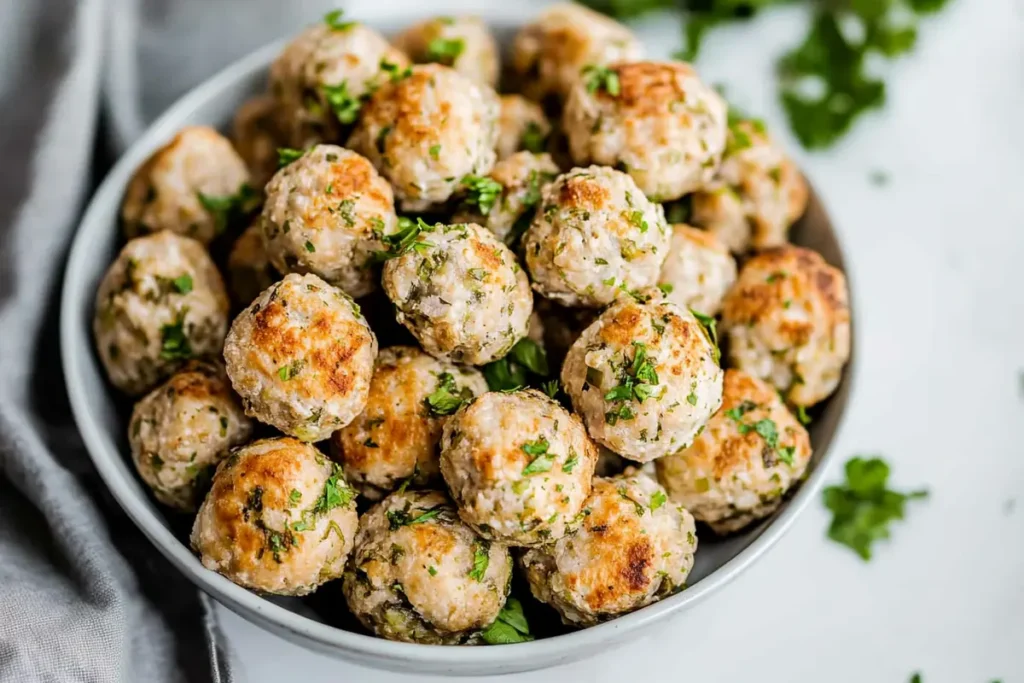 Raw turkey meatballs on a baking sheet ready for cooking.