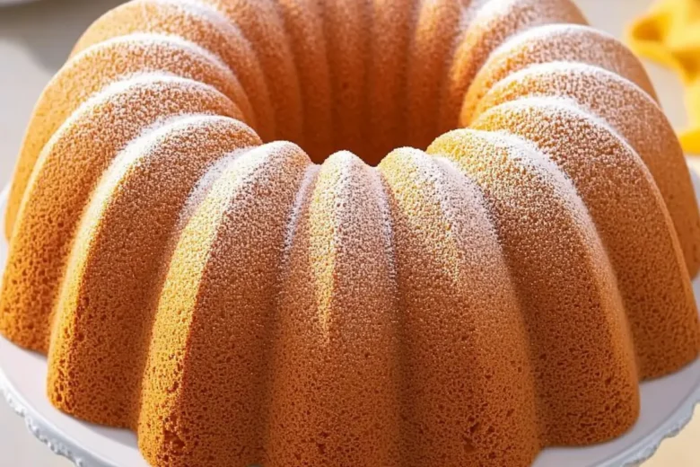 A delicious easy pound cake sits on a plate.