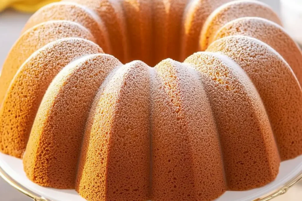 A delicious easy pound cake sits on a plate.