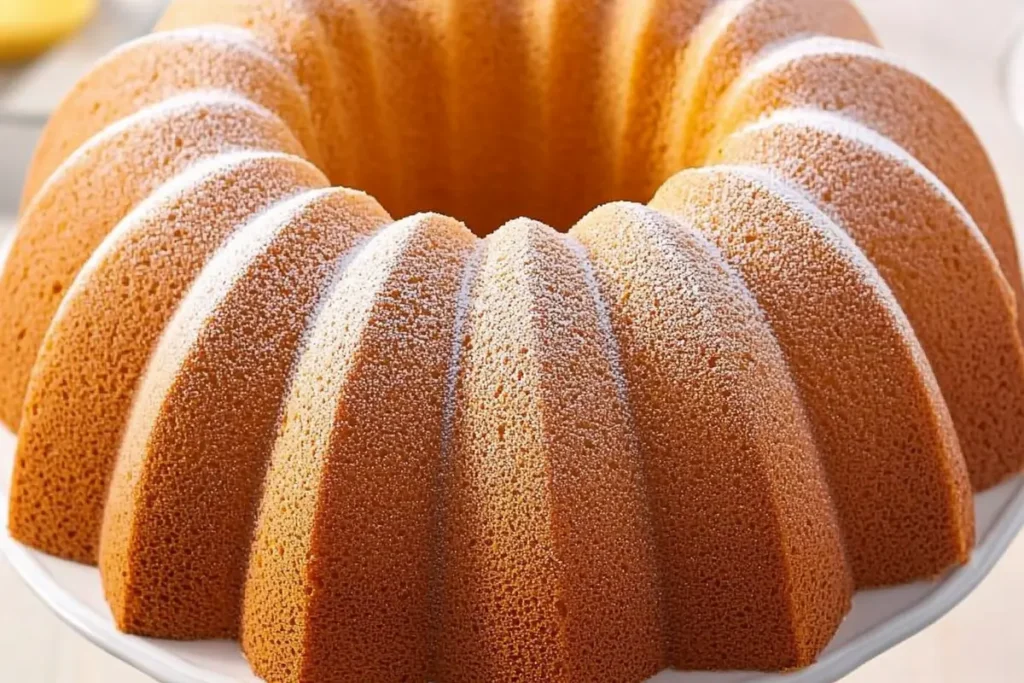 A delicious easy pound cake sits on a plate.