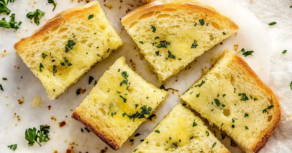 A close-up of delicious, simple garlic bread.