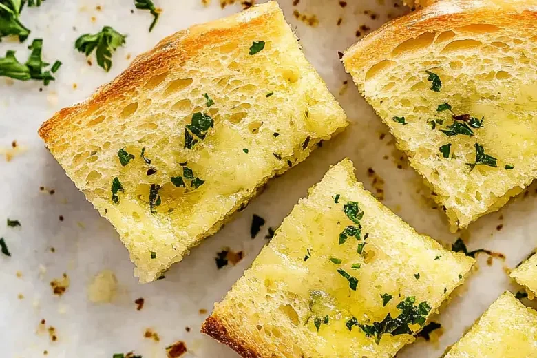 A close-up of delicious, simple garlic bread.