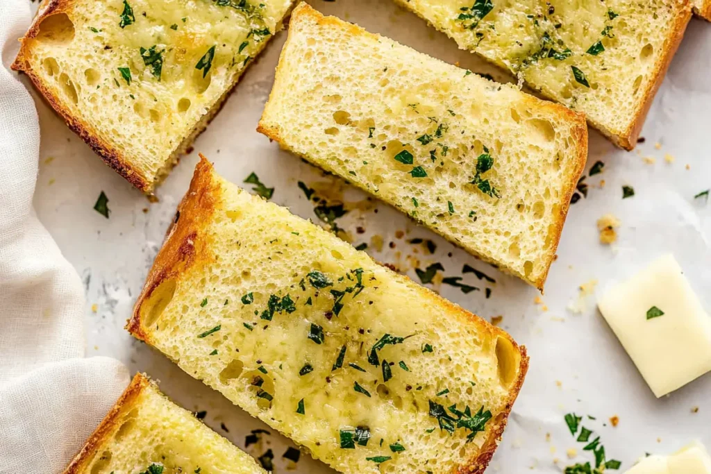 A close-up of delicious, simple garlic bread.